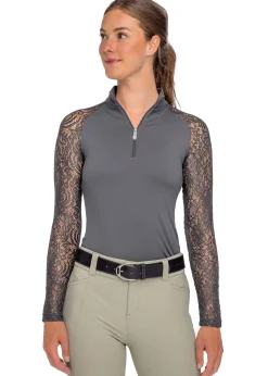 Sale KASTEL DENMARK Ladies’ Quarter-Zip Floral Lace Long-Sleeve Shirt - "Sutton" Slate