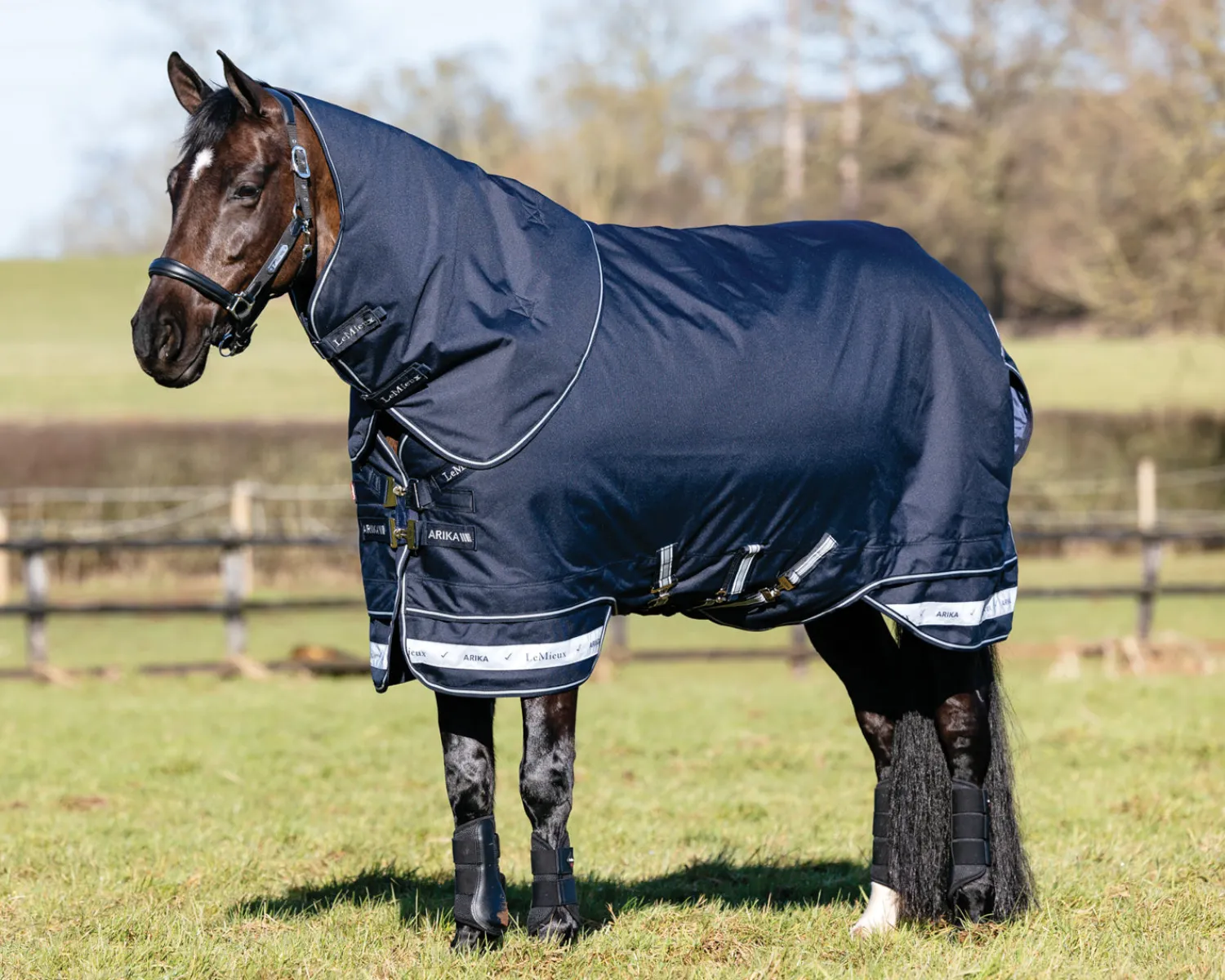 Best HORSE HEALTH TRADE LeMieux® Arika Storm-Tek 100 Gram Turnout Blanket with Leg Straps Navy/White/Navy