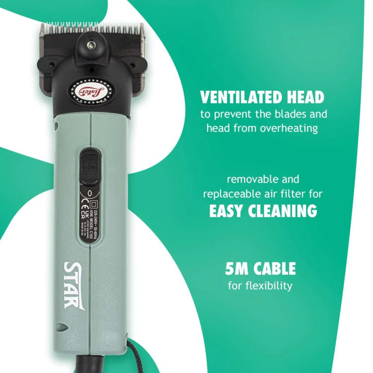 Clearance LISTER SHEARING EQUIPMENT Lister Star Clipper 1-Speed A2F/AC (Fine) Blade Green
