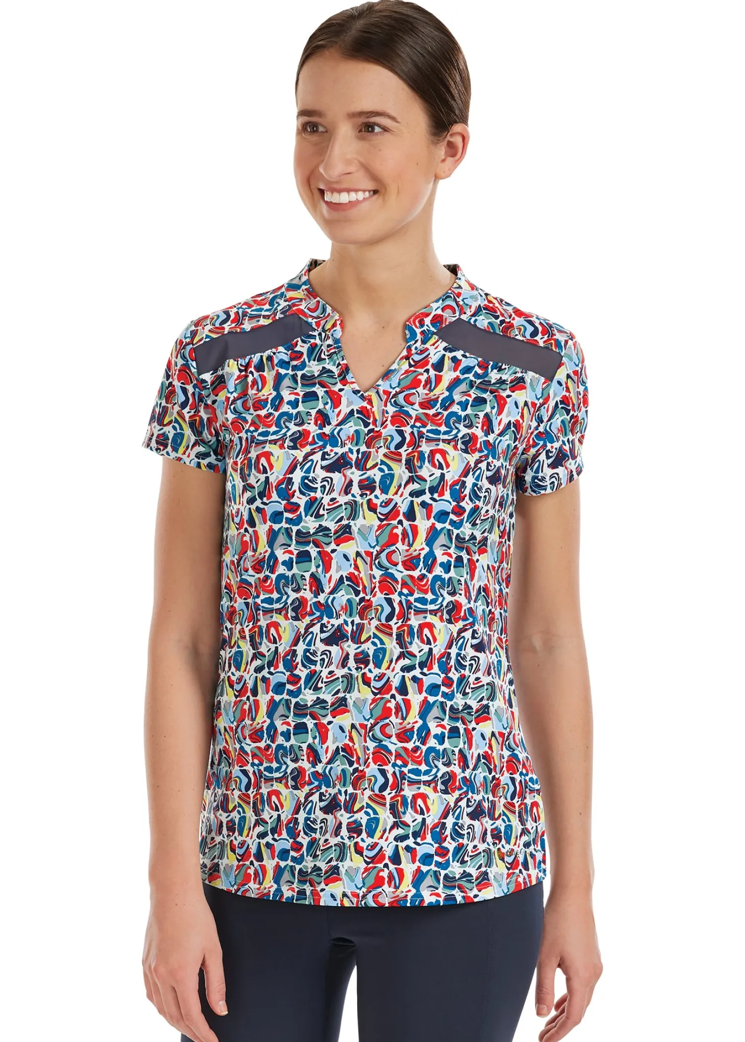 Best I APPAREL INT GROUP Noble Equestrian™ Ladies’ Erin Mandarin Short Sleeve Print Top Geo Swirl/Navy