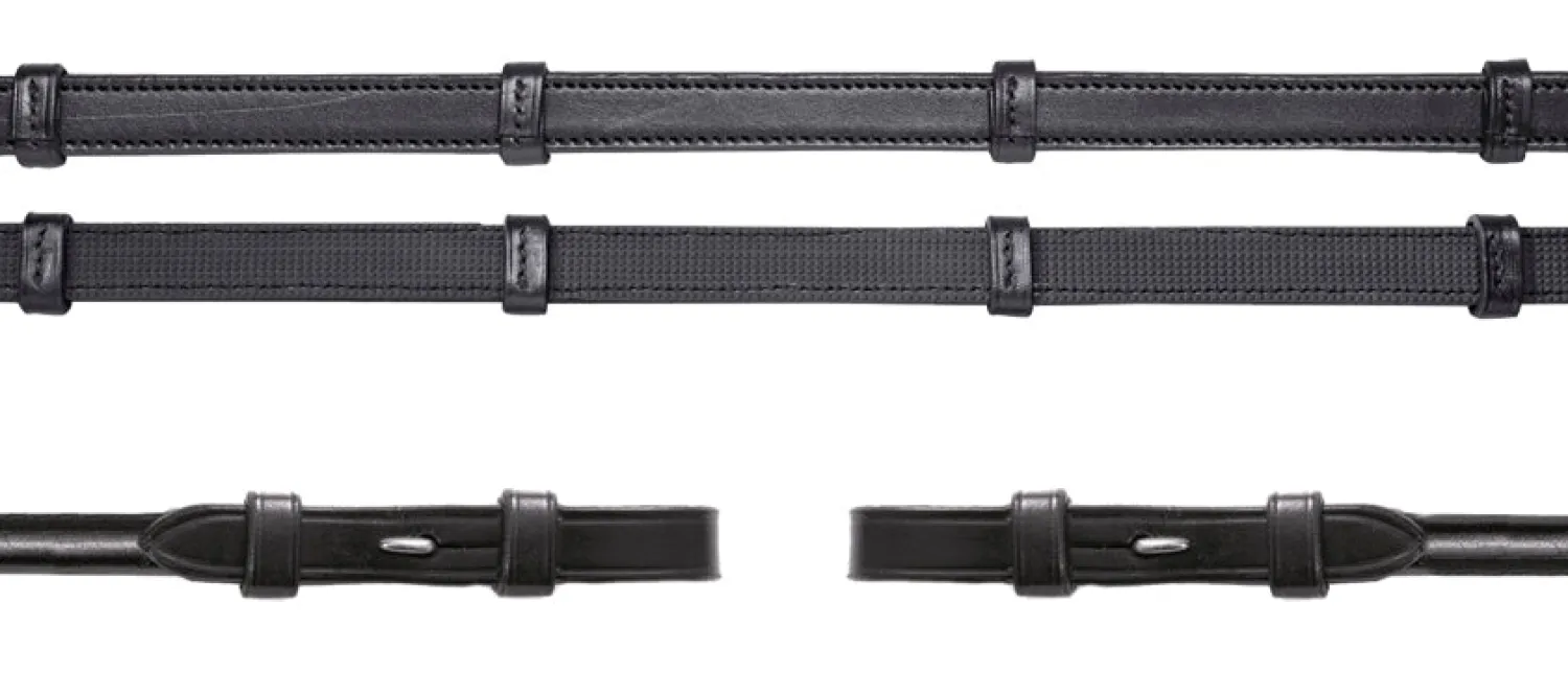 Discount SCHOCKEMOEHLE N.A. Schockemöhle Rolled Leather Rubber-Lined Reins with Stops Black/Silver